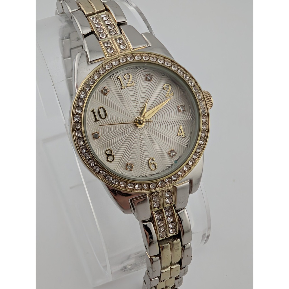 Women's Quartz Watch 27mm Case Rhinestone Bezel Two Tone 7" Band- New Battery